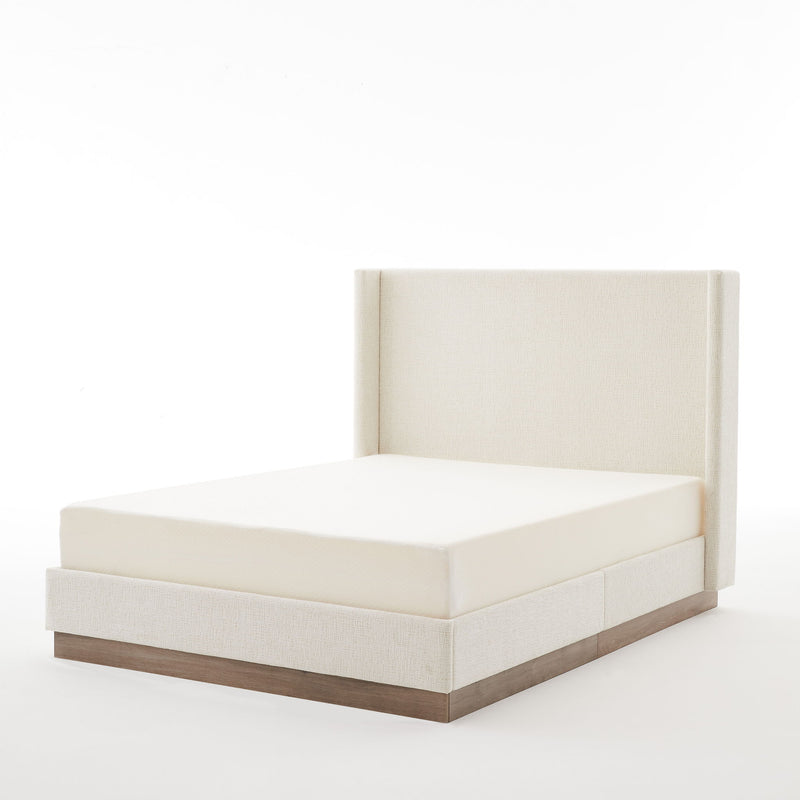 House & Home Furniture Hosford minimalist upholstered wingback bed with wood base platform, featuring a sleek, modern design.