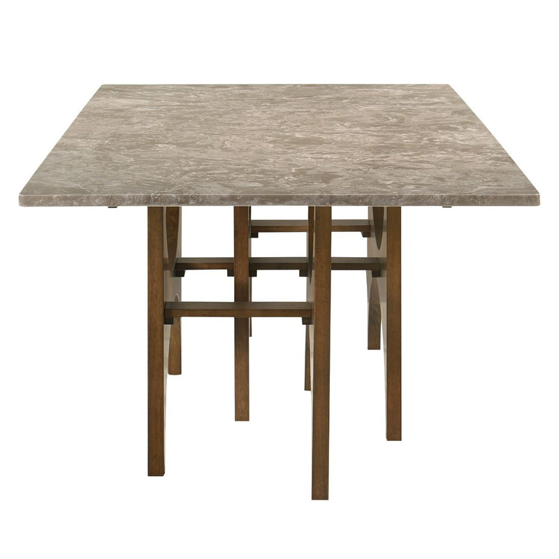 ACME Oleia dining table with engineered marble top featuring natural marble finish and walnut wood legs.