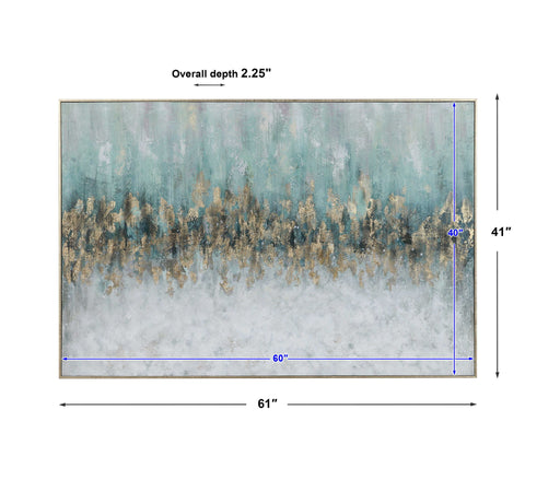 Hand painted blue canvas art titled Divide by Uttermost, featuring abstract design on a modern wall art piece.