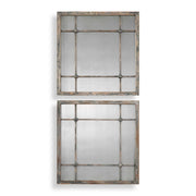 Pair of Uttermost Saragano square wall mirrors with light brown frames, modern rectangular design, and reflective glass surfaces.