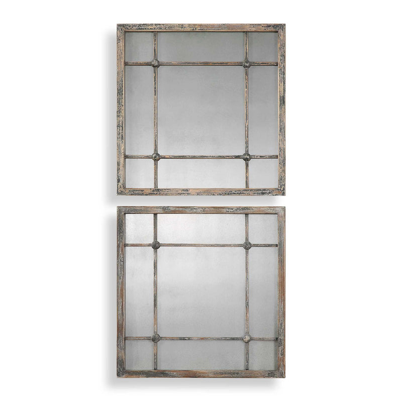 Pair of Uttermost Saragano square wall mirrors with light brown frames, modern rectangular design, and reflective glass surfaces.