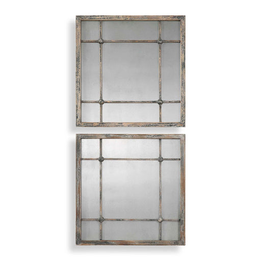 Pair of Uttermost Saragano square wall mirrors with light brown frames, modern rectangular design, and reflective glass surfaces.