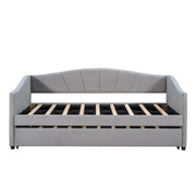 DreamHaus upholstered daybed sofa bed with trundle and wood slat base, showcasing a stylish, functional trundle bed design.