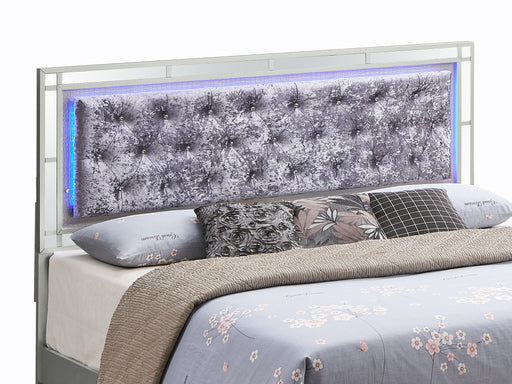 Glory Furniture Madison upholstered bed with built-in LED lighting, featuring a padded headboard and modern design.