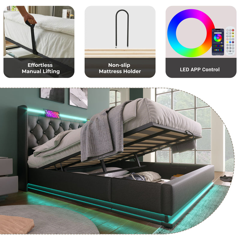 Upholstered Bed, 360 Surround LED Function, Remote Control, Hydraulic Storage Bed With USB, Type-C Charging (Without Mattress)