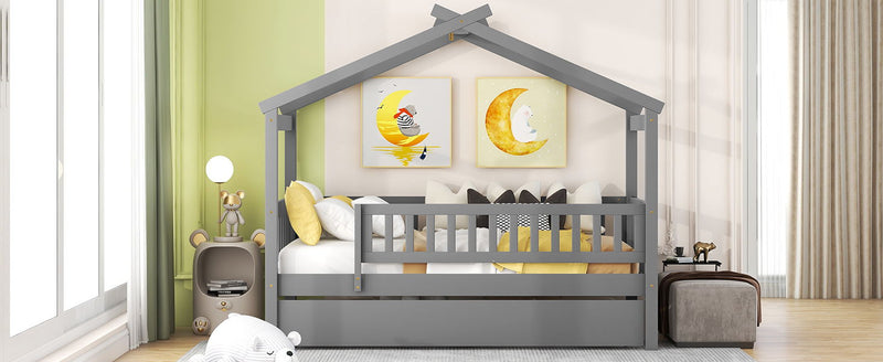 DreamHaus Creativity House Bed with twin-size trundle, featuring a colorful house-shaped design and space for an extra mattress.
