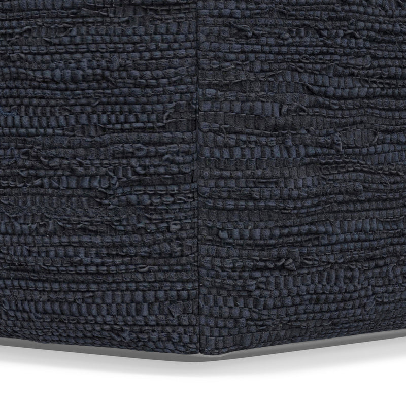 Simpli-Home Fredrik handcrafted square accent pouf with textured fabric and wooden legs, used as a stylish seating or footrest.