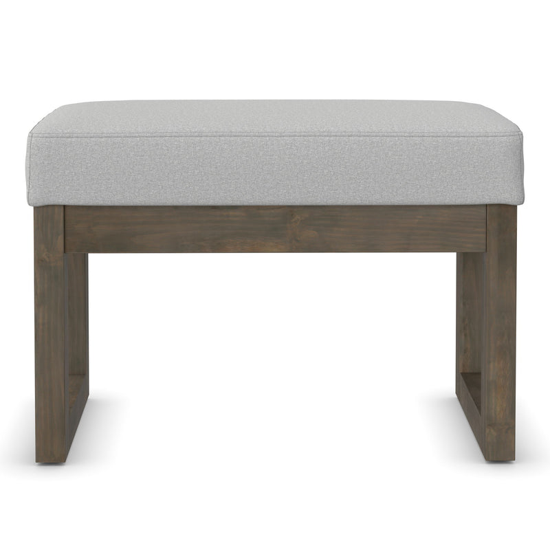 Simpli-Home Milltown upholstered ottoman bench with soft fabric upholstery and wooden legs, ideal for living room seating or footrest.