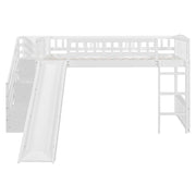 DreamHaus loft stairway bed with two drawers, convertible ladder, and slide, designed for kids' bedrooms with playful and functional features.