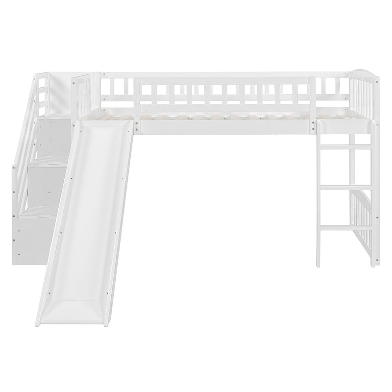 DreamHaus loft stairway bed with two drawers, convertible ladder, and slide, designed for kids' bedrooms with playful and functional features.