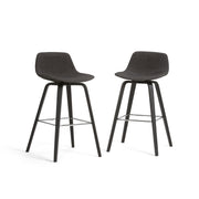 Pair of Simpli-Home Randolph Bentwood counter and bar height stools with wooden seats and metal legs, set of two.