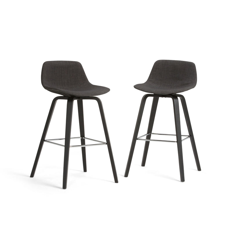 Pair of Simpli-Home Randolph Bentwood counter and bar height stools with wooden seats and metal legs, set of two.