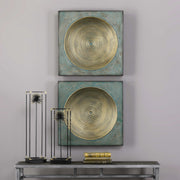 Pair of Uttermost Sybil Squares wall decor in antique gold, featuring geometric design for modern interior accents.
