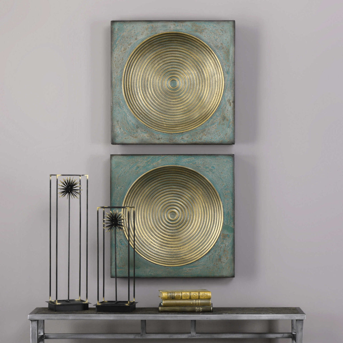 Pair of Uttermost Sybil Squares wall decor in antique gold, featuring geometric design for modern interior accents.