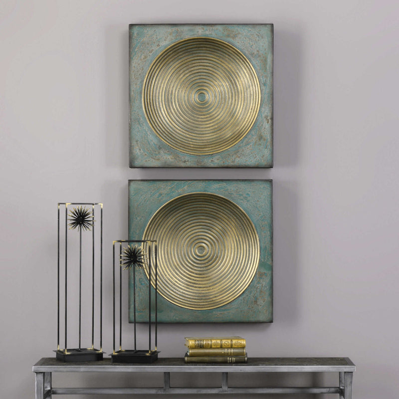 Pair of Uttermost Sybil Squares wall decor in antique gold, featuring geometric design for modern interior accents.