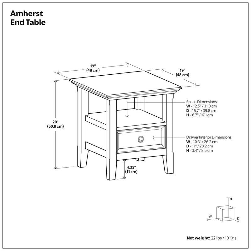 Handcrafted Amherst end table by Simpli-Home featuring a wooden surface and modern design, positioned in a living room setting.