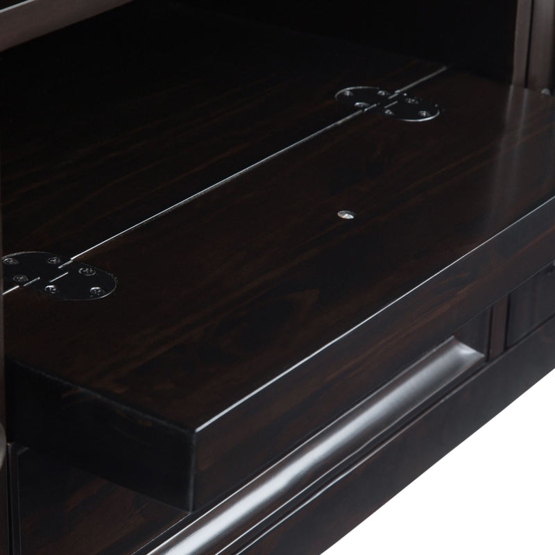 Handcrafted Amherst wide TV media stand by Simpli-Home with wood finish, open shelving, and storage compartments for media devices.