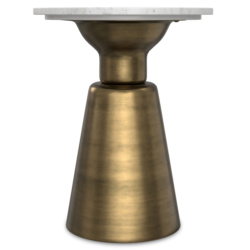 Leyla side table by Simpli-Home in antique brass finish, featuring a sleek round top and modern design.