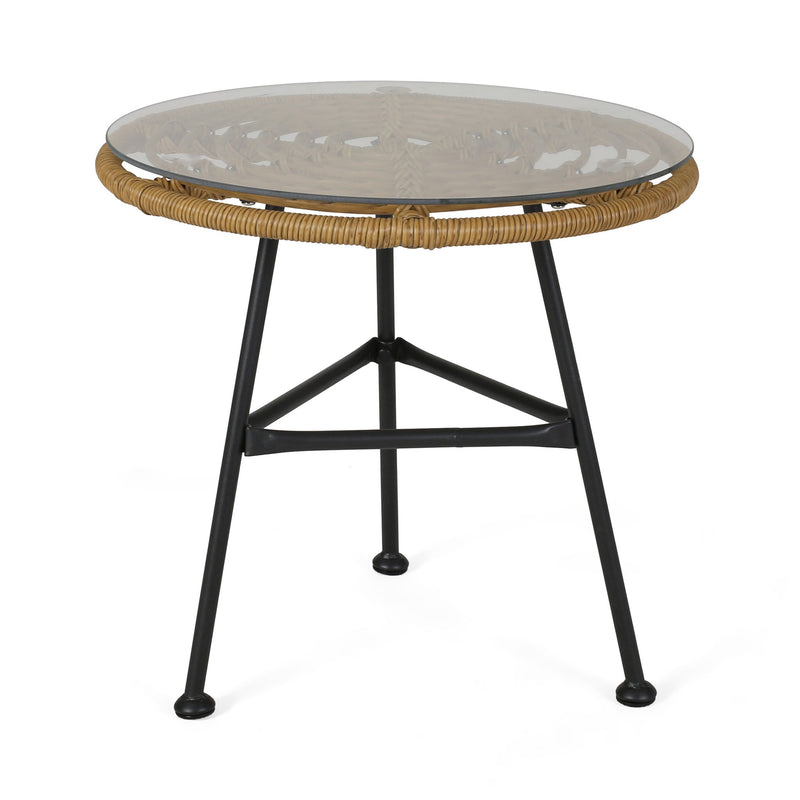 Noble House Petrichor outdoor side table with tempered glass top and steel frame, ideal for patio or garden seating areas.