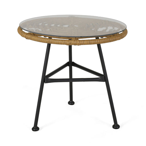 Noble House Petrichor outdoor side table with tempered glass top and steel frame, ideal for patio or garden seating areas.