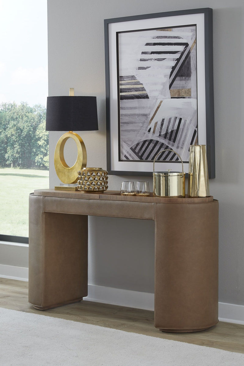 Yeal Leather Upholstered Storage Console Table with Wooden Tray Top
