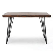 Noble House modern industrial faux live edge dining table with hairpin legs in natural wood finish, showcasing sleek design and craftsmanship.