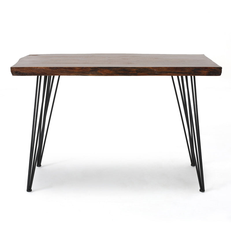 Noble House modern industrial faux live edge dining table with hairpin legs in natural wood finish, showcasing sleek design and craftsmanship.