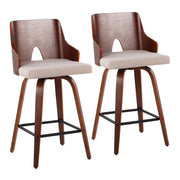 Pair of Lumi Source Ariana mid-century modern counter stools with wooden seats and metal legs, set of 2 for kitchen or bar area.