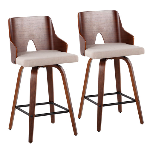 Pair of Lumi Source Ariana mid-century modern counter stools with wooden seats and metal legs, set of 2 for kitchen or bar area.