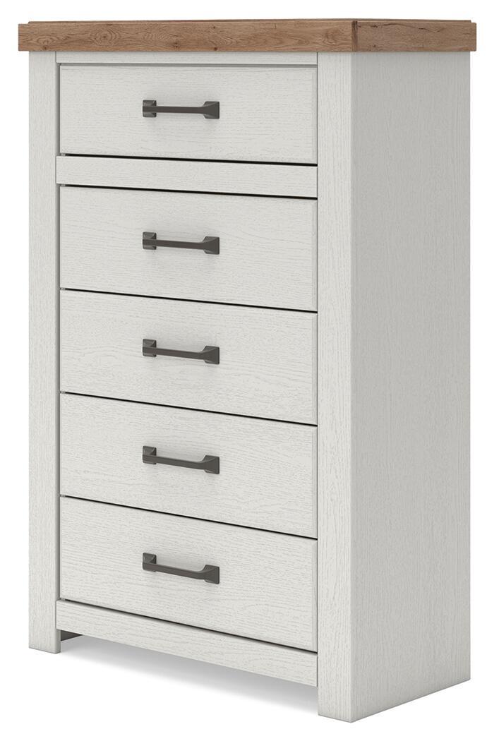 Benchcraft® Savonport five-drawer accent chest in white and brown with sleek handles and a modern design.