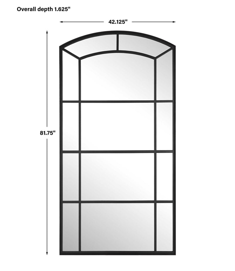 Black oversized arch accent mirror by Uttermost with a sleek, modern design and a bold, curved frame.