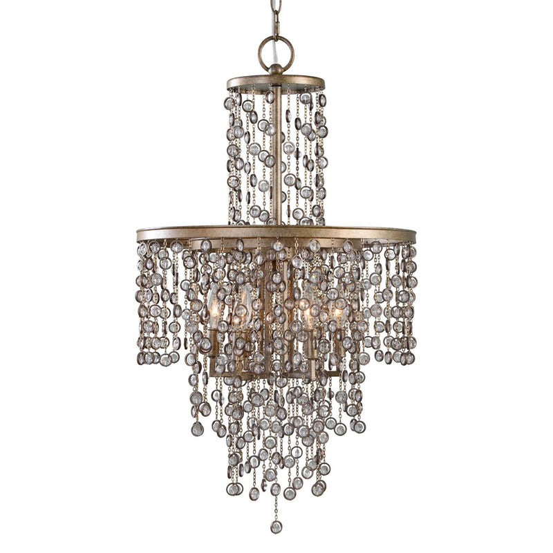 Uttermost Valka 6-light crystal chandelier with light brown frame and sparkling crystal accents, elegant lighting fixture.