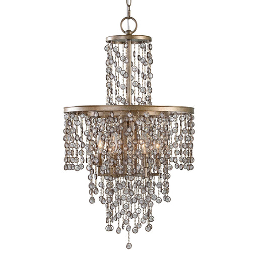 Uttermost Valka 6-light crystal chandelier with light brown frame and sparkling crystal accents, elegant lighting fixture.