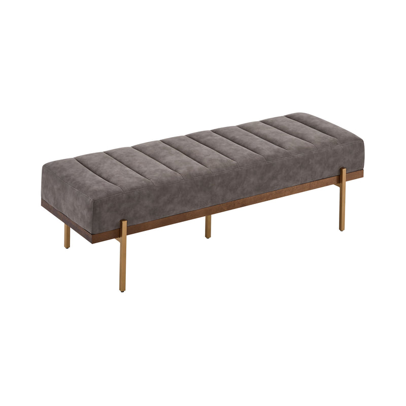 Luxury upholstered Thorian ottoman bench by Noble House with gold metal base, gray fabric, channel tufting, and plush cushioning.