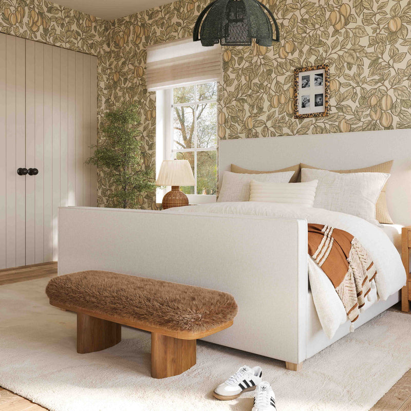 Upholstered Ollie Straight Bench by TOV Furniture with sleek fabric seat and wooden legs, ideal for entryways or living rooms.