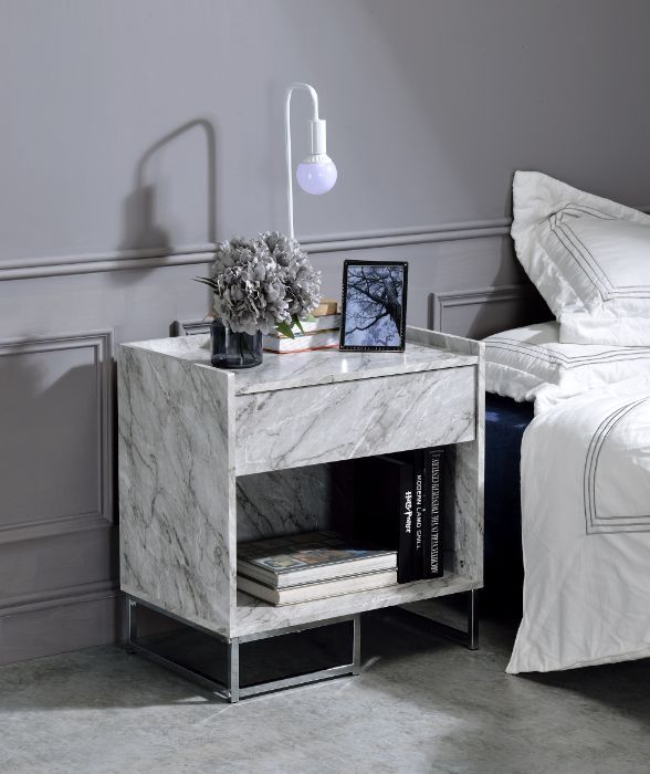Azrael - Accent Table - White Printed Faux Marble & Chrome - R&R Furniture Gallery (Fountain Valley, CA)