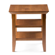 Handcrafted Acadian end table by Simpli-Home featuring a rustic wooden design with a single drawer and open shelf.