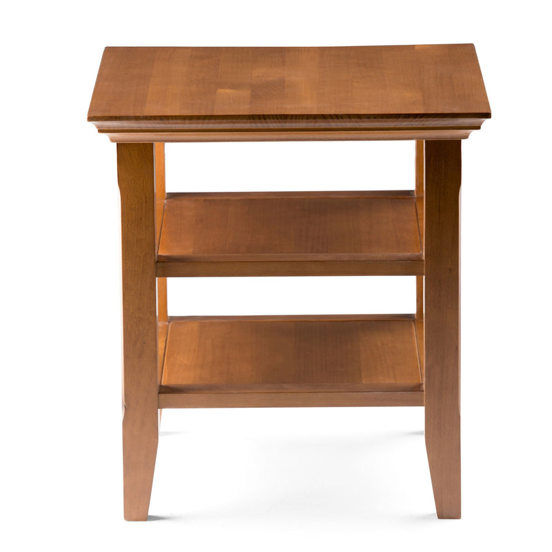 Handcrafted Acadian end table by Simpli-Home featuring a rustic wooden design with a single drawer and open shelf.