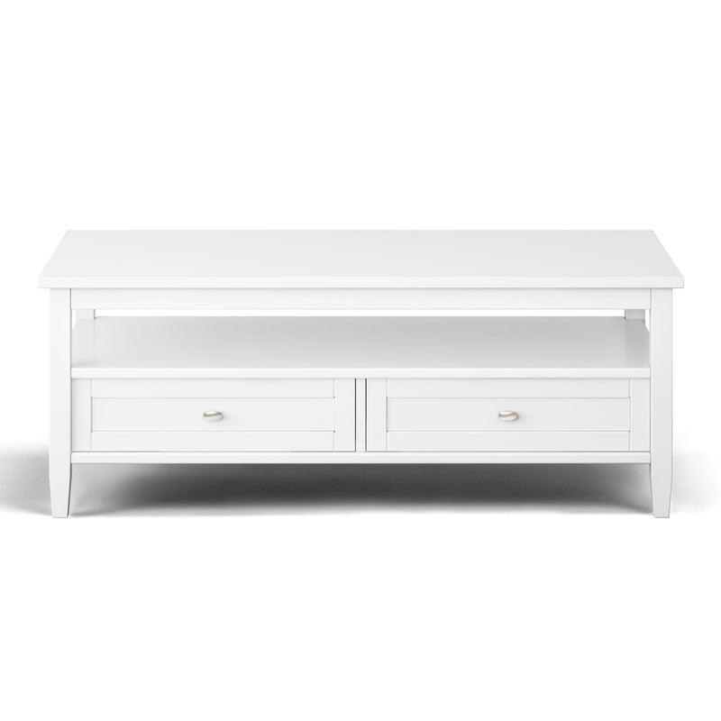 Handcrafted Warm Shaker coffee table by Simpli-Home featuring a natural wood finish and sturdy table top.