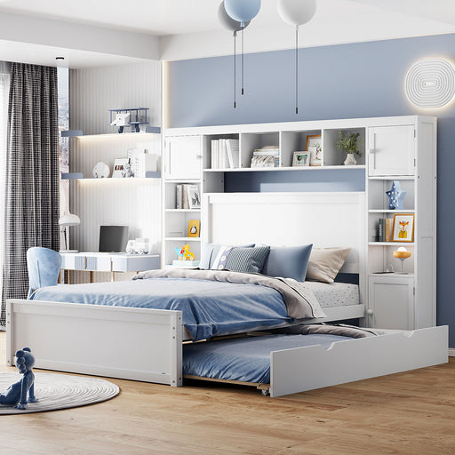 DreamHaus storage bed with integrated cabinet, shelf, sockets, and trundle for efficient bedroom organization and space-saving design.