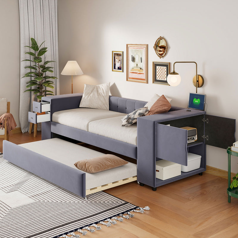 Upholstered Bed With Storage And Twin Trundle, USB Charging Ports - R&R Furniture Gallery (Fountain Valley, CA)