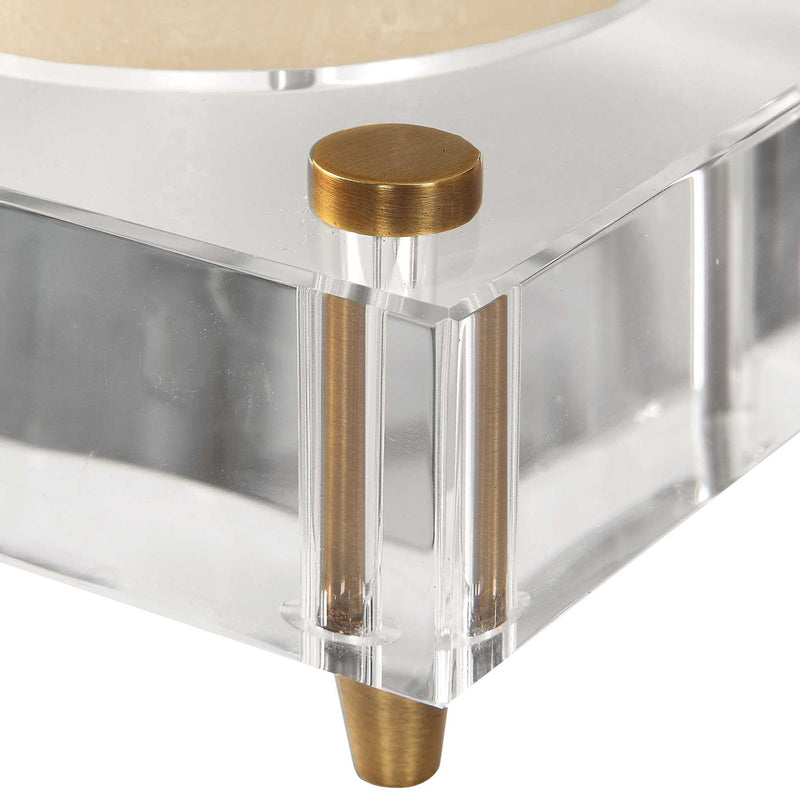 Pair of beige Claire crystal block candleholders by Uttermost, modern glass holders for candles, sleek and elegant design.