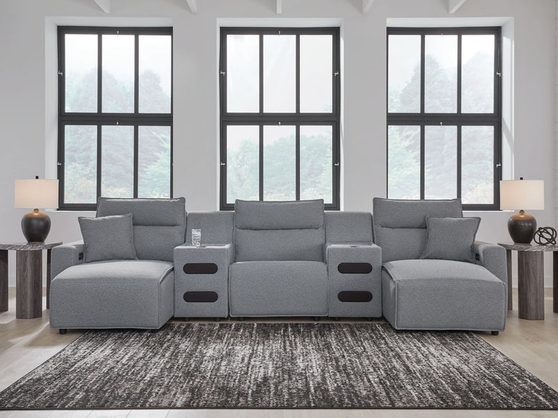 Signature Design by Ashley Modmax II reclining sectional in salt and pepper fabric, featuring plush cushions and reclining seats.