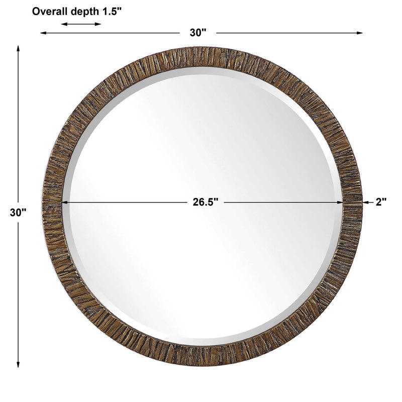 Uttermost Wayde Bark Round Wall Mirror with gold finish, featuring a textured bark design, hanging on a wall.