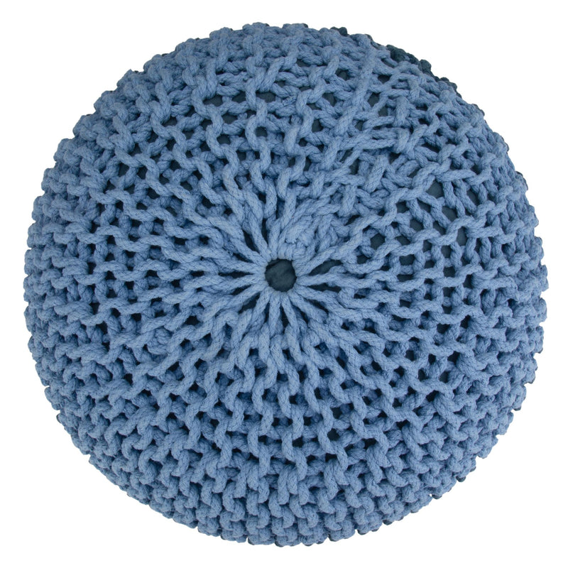 Handcrafted Nikki round accent pouf by Simpli-Home featuring soft, hand-knit fabric and a plush, comfortable design.