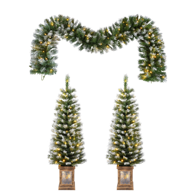 Artificial Christmas 3 Piece Set Wreath And 2 Entrance Trees With LED Lights - White / Green - R&R Furniture Gallery (Fountain Valley, CA)