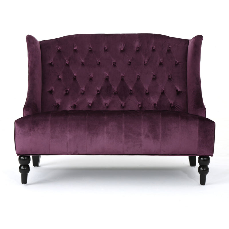 Noble House Nurturing upholstered loveseat with wing back and diamond tufting, featuring plush fabric and elegant design.