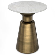 Leyla side table by Simpli-Home with antique brass finish, featuring a round tabletop and slender legs for modern decor.