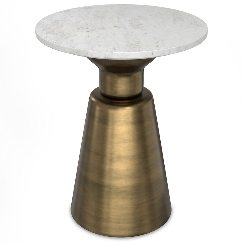 Leyla side table by Simpli-Home with antique brass finish, featuring a round tabletop and slender legs for modern decor.