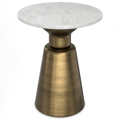 Leyla side table by Simpli-Home with antique brass finish, featuring a round tabletop and slender legs for modern decor.
